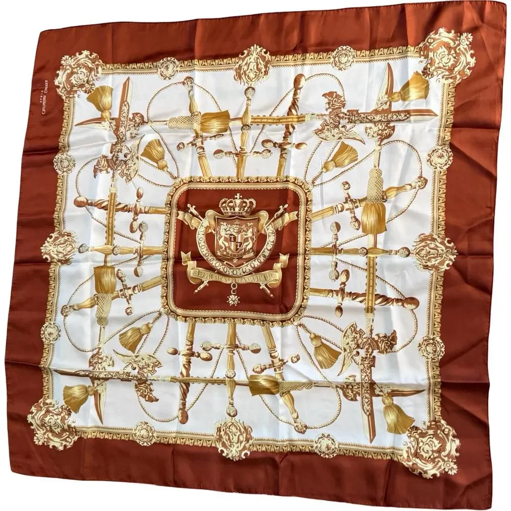 Vintage Christian Garets Paris Silk Scarf Ivory Brown Gold Swords Arms Baroque